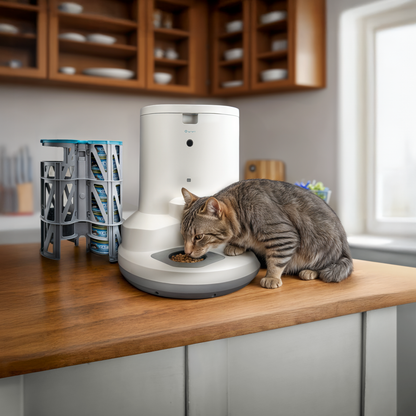 A cat eating out of the Ovvi wet food cat feeder.